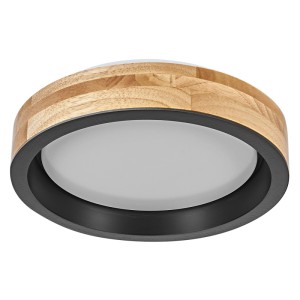 Runde Osram LED-Deckenleuchte Orbis Mariano mit hellem Holz-Ring, schwarzem Metallgehäuse und weißem Diffusor. Dimmbar.