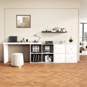 Weißer Merax Eckschreibtisch in L-Form mit drehbarer Platte und integriertem Sideboard für flexibles Arbeiten.