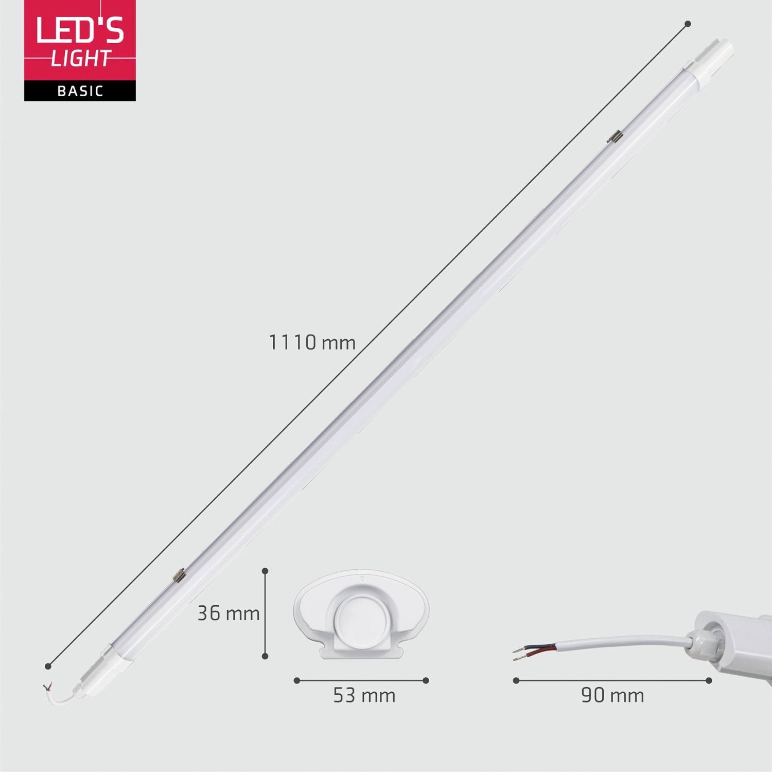 LED Feuchtraumleuchte, 120cm, 18W, 1900lm, 4000K, IP65, IK08, Detailansicht mit Maßen.