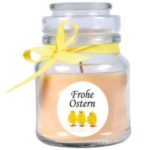 Duftkerze im Glas mit Küken-Motiv und gelbem Band, Frohe Ostern Kerze.