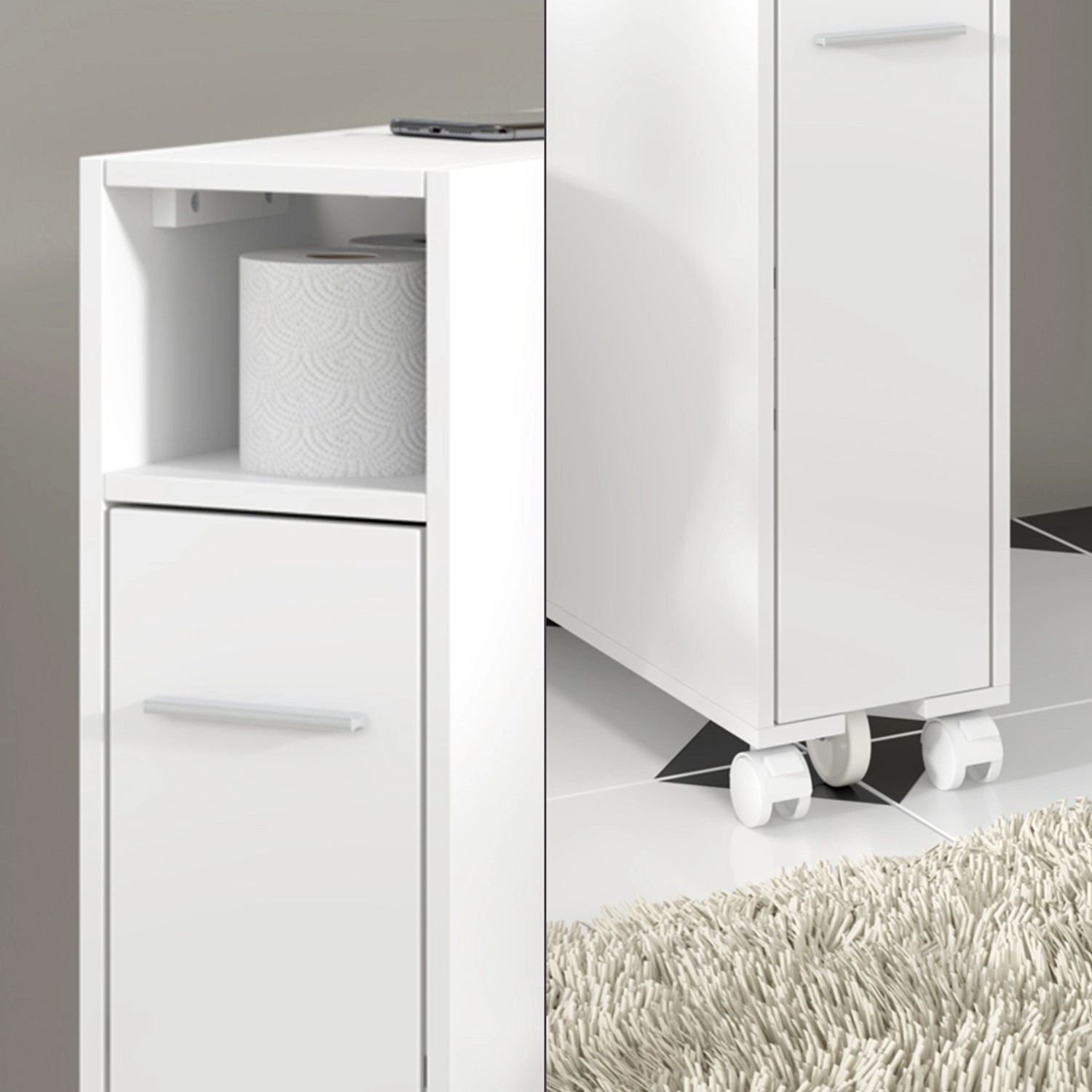 Vicco Toilettenschrank Niva, weiß, 18x71 cm, mit Ausziehfach. Badregal für mehr Stauraum im Bad.