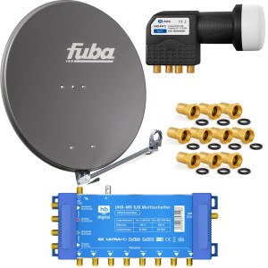 Anthrazitfarbene Fuba Satellitenschüssel 80cm mit hb-digital Quattro LNB, blauem Multischalter und F-Steckern für UHD Empfang.