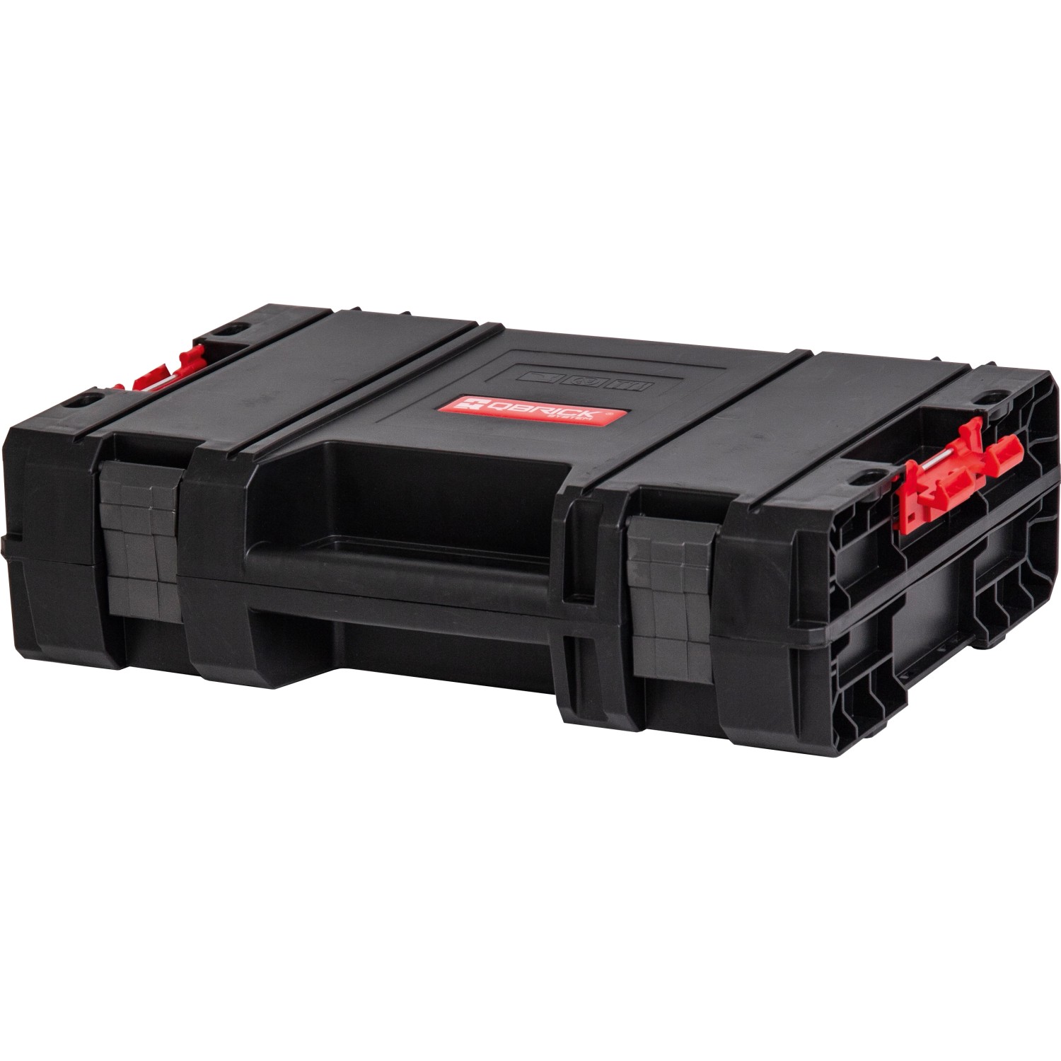 Schwarzer Qbrick System Pro Werkzeugkoffer mit roten Verschlüssen, ideal für Elektrowerkzeuge.