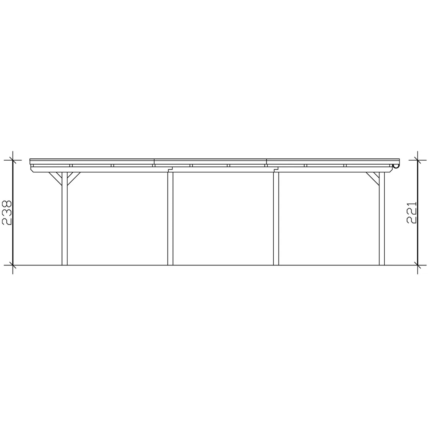 Skizze eines weißen Skan Holz Einzelcarports aus Leimholz mit Maßangaben.
