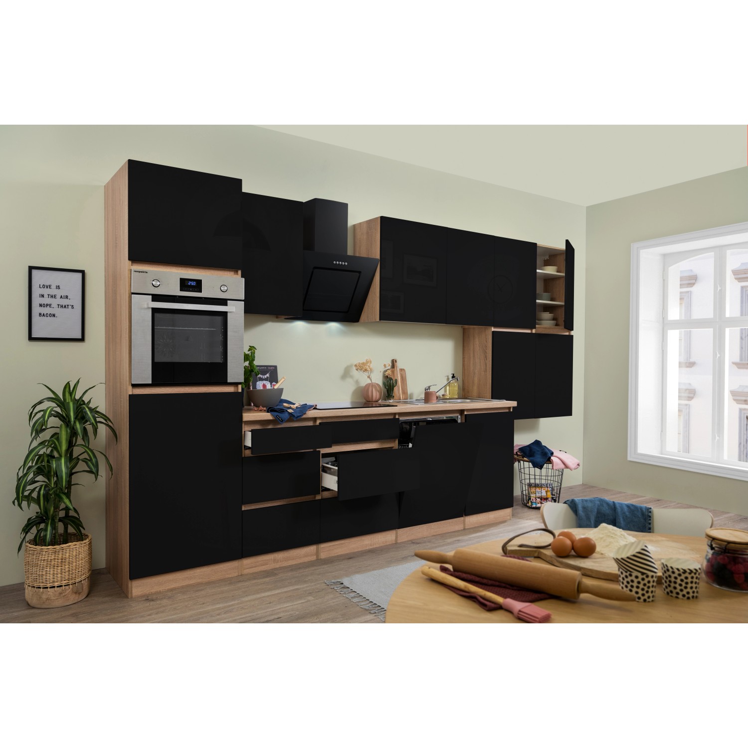 Respekta Küchenzeile/Küchenblock GLRP380HESS Grifflos 380 cm Schwarz Hochglanz-Sonoma Eiche