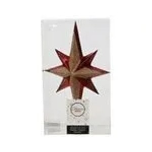 Rot-goldene, bruchfeste Christbaumspitze in Sternform mit Glitter, 25,5 cm. Dekorativer Baumbehang.