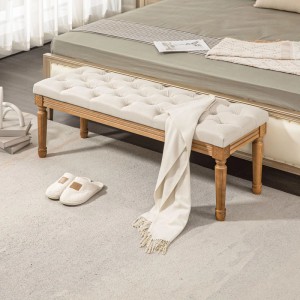 Cremefarbene HOMCOM Sitzbank mit Leinenoptik, Holzbeinen und Knopfheftung im Schlafzimmer. Ideal als Bettbank oder Sitzhocker.