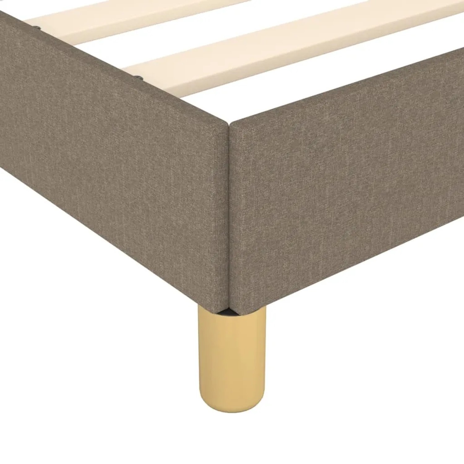 Detailansicht Bettgestell Taupe (140x190 cm) mit Stoffbezug und Holzfüßen.