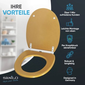 SANILO WC Sitz Glitzer Gold mit Absenkautomatik, offen. Top Fix Montage, robustes Design für Ihr Bad.