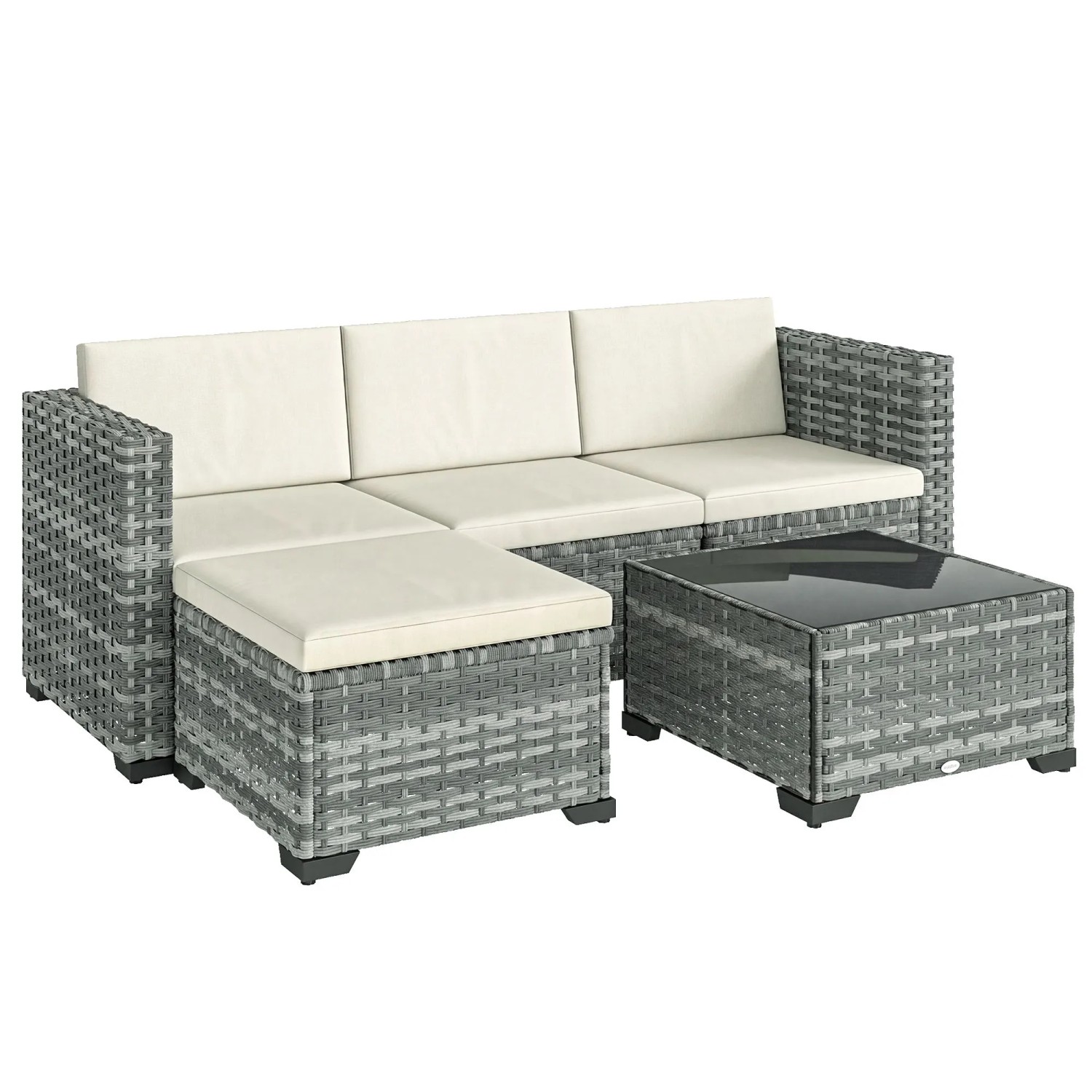 Furnicato Polyrattan Gartenmöbel Set 5-teilig Lounge Set Mit Ecksofa Hocker Tisch Sitz- & Rückenkissen Grau+cremeweiß