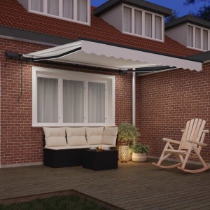 Weiße vidaXL Einziehbare Markise 350x250 cm mit LED-Beleuchtung über Terrasse. Manuell, Stoff.