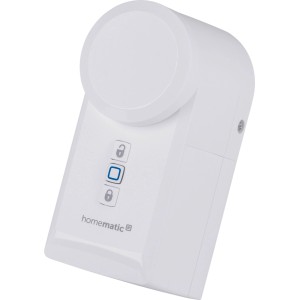 Weißer Homematic IP Türschlossantrieb für Hausautomation. Kompaktes Design mit Entriegelungs- und Verriegelungstasten.