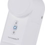 Weißer Homematic IP Türschlossantrieb für Hausautomation. Kompaktes Design mit Entriegelungs- und Verriegelungstasten.