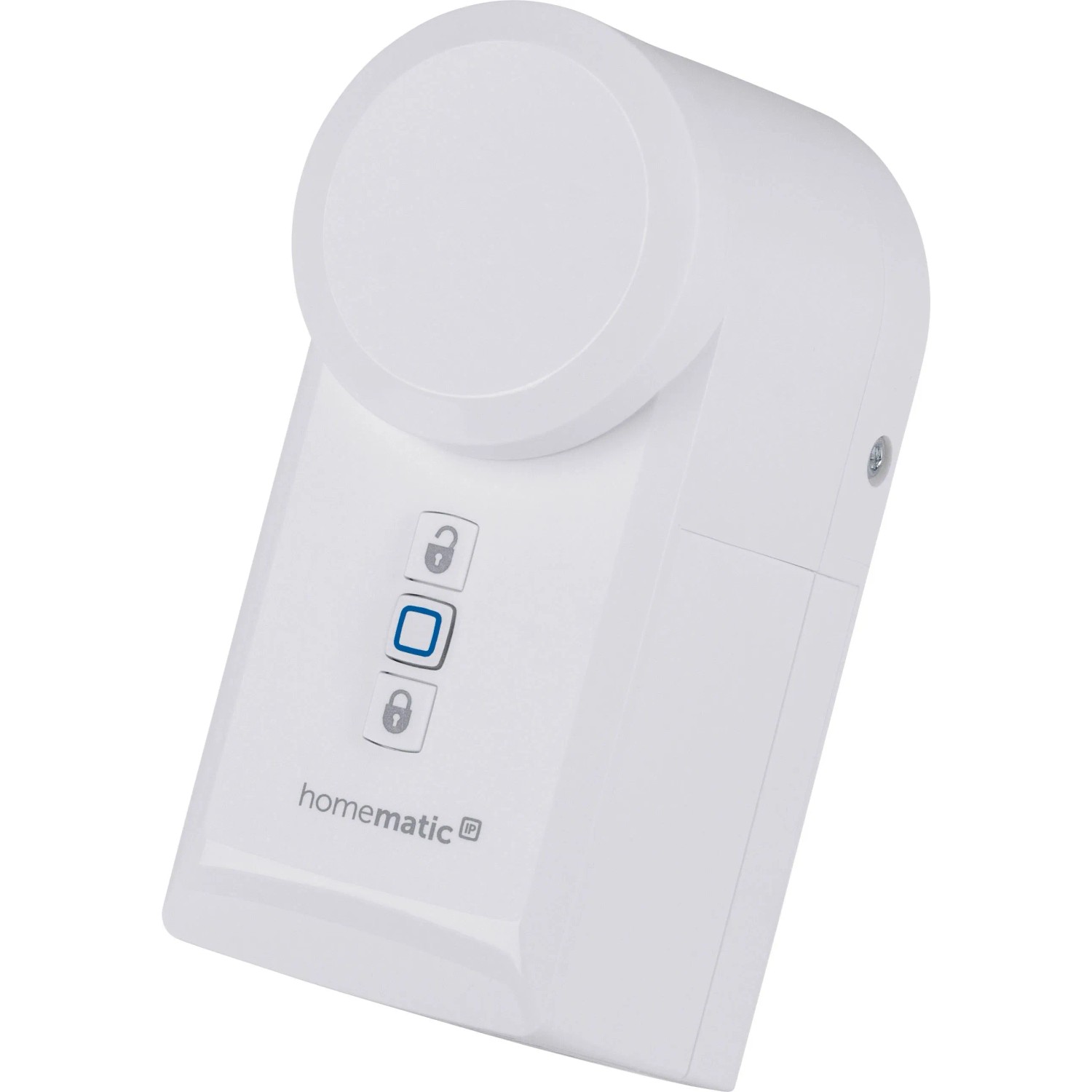 Weißer Homematic IP Türschlossantrieb für Hausautomation. Kompaktes Design mit Entriegelungs- und Verriegelungstasten.