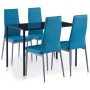 vidaXL Essgruppe, 5-teilig, blau: Tisch mit Glasplatte und vier Kunstlederstühle.
