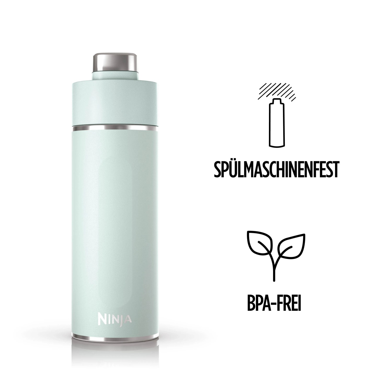 Mintfarbene Ninja Thirsti Trinkflasche (530ml) aus Edelstahl, spülmaschinenfest und BPA-frei.