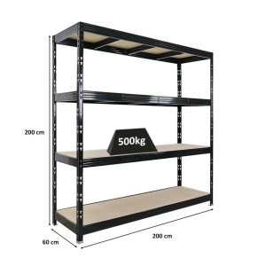 PROREGAL Profi Schwerlastregal Rhino HxBxT 200x200x60cm 4 Spanplatten-Ebenen 8mm Fachlast 500kg Schwarz Stecksystem Lagerregal Steckregal
