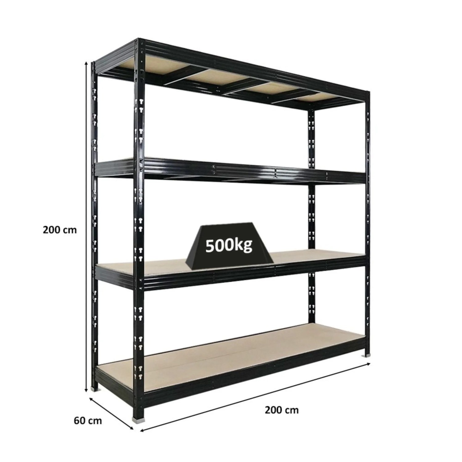 PROREGAL Profi Schwerlastregal Rhino HxBxT 200x200x60cm 4 Spanplatten-Ebenen 8mm Fachlast 500kg Schwarz Stecksystem Lagerregal Steckregal_3