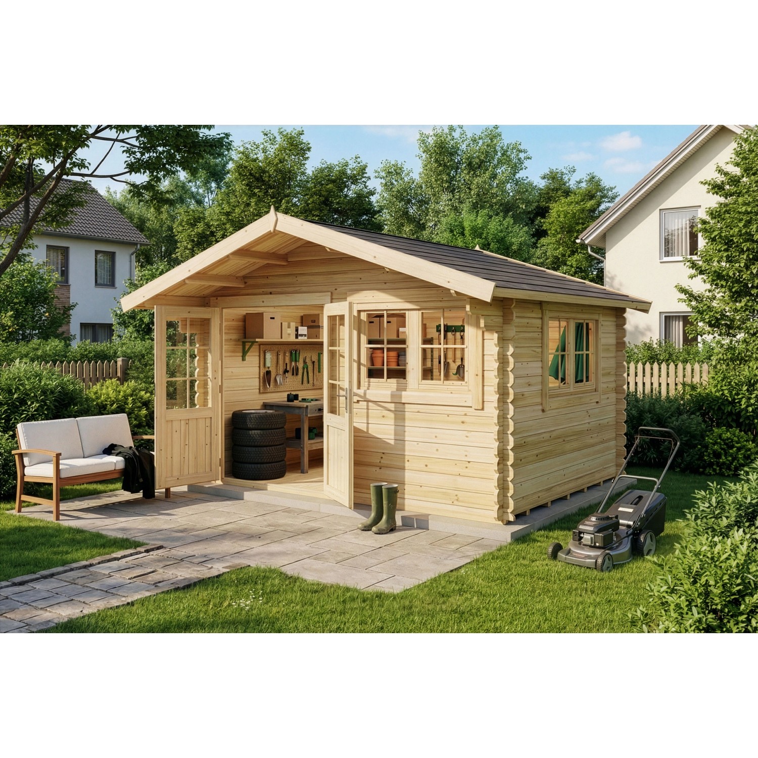 Alpholz Gartenhaus Set Gabriel 438x367cm Naturbelassen 28mm Wandstärke inkl. Boden & Dacheindeckung