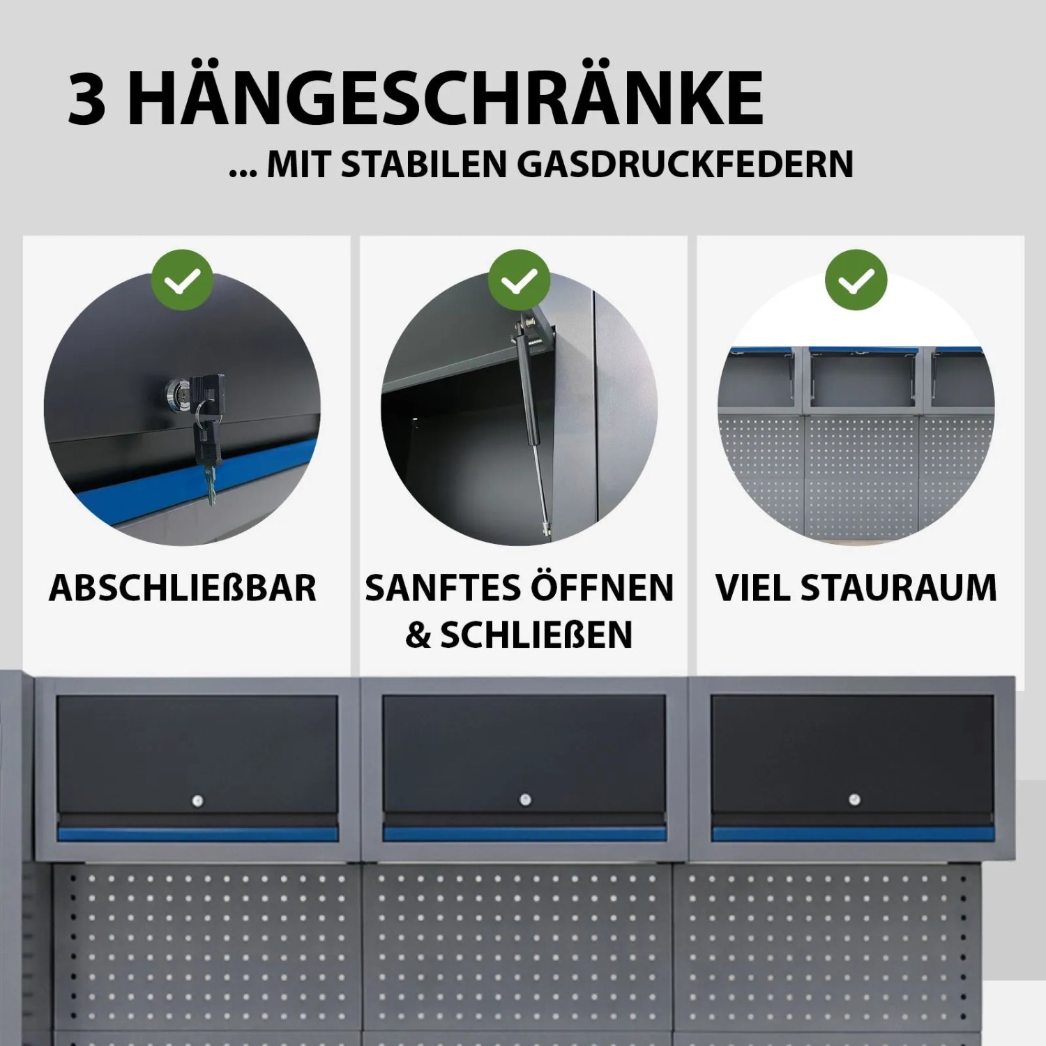 Detailansicht der blauen TRUTZHOLM Werkstattwand: Hängeschränke mit Gasdruckfedern, abschließbar, viel Stauraum.