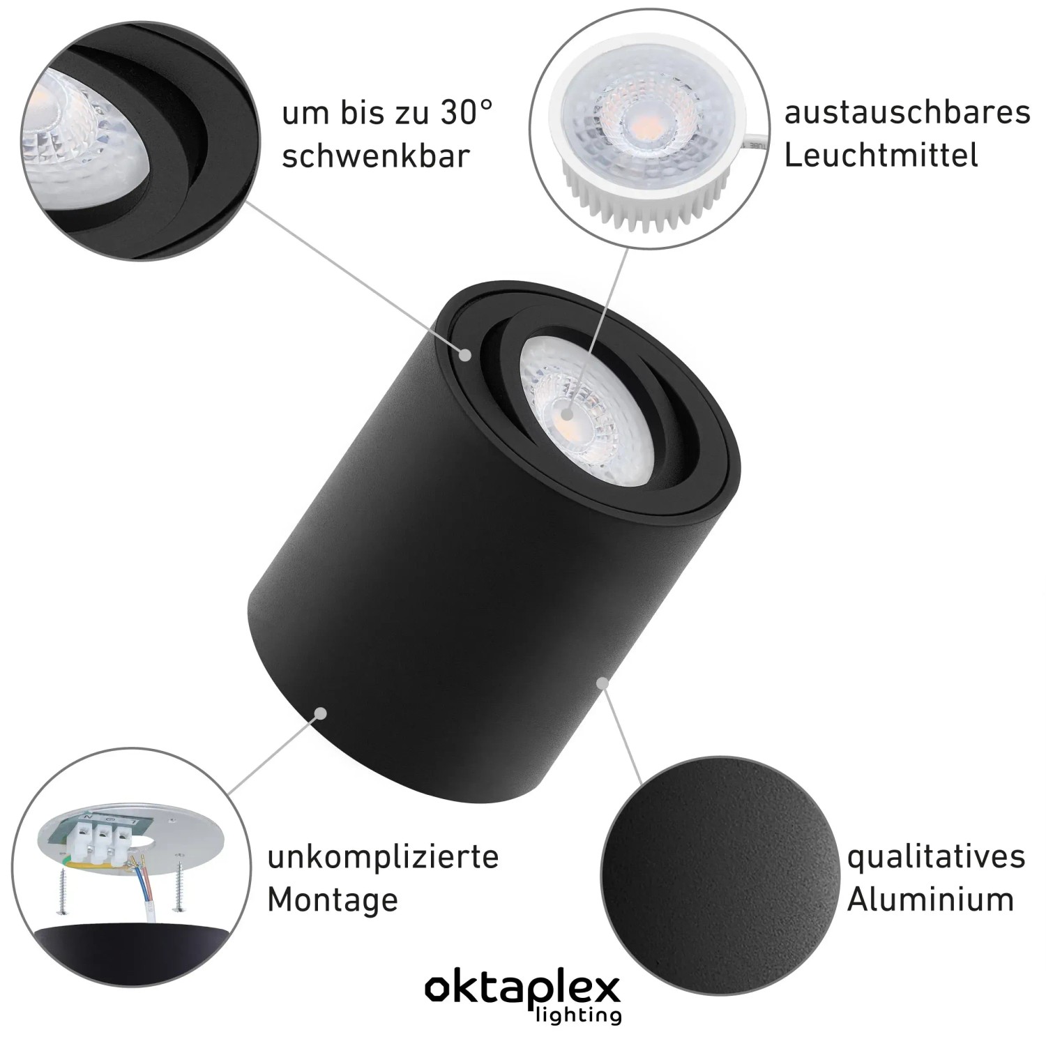 Oktaplex Lile M: 6er Set schwarze, schwenkbare LED Deckenspots aus Aluminium mit warmweißem Licht.