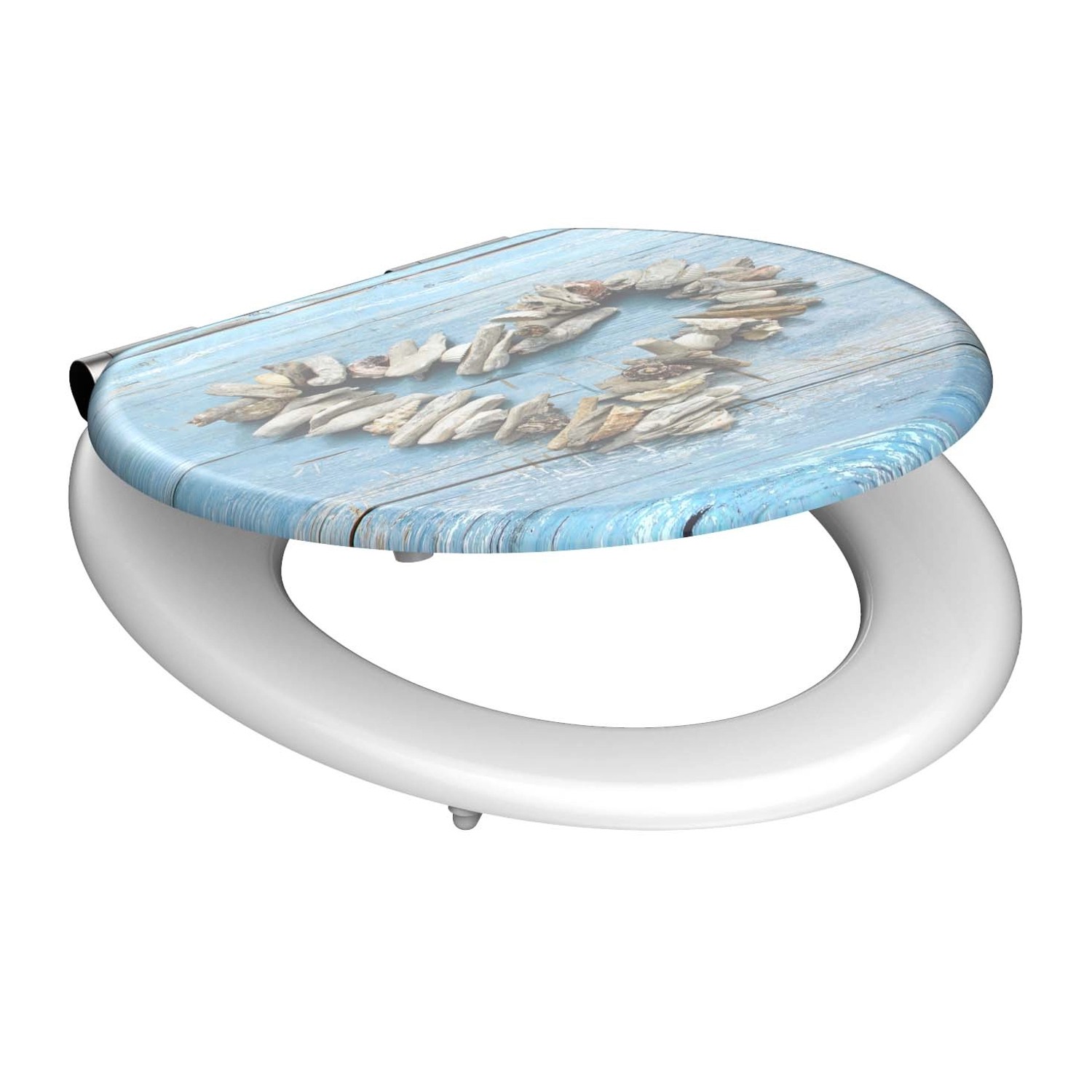 Schütte WC-Sitz Shell Heart mit Holzkern und Absenkautomatik, blaues Holzdesign mit Herz aus Muscheln.