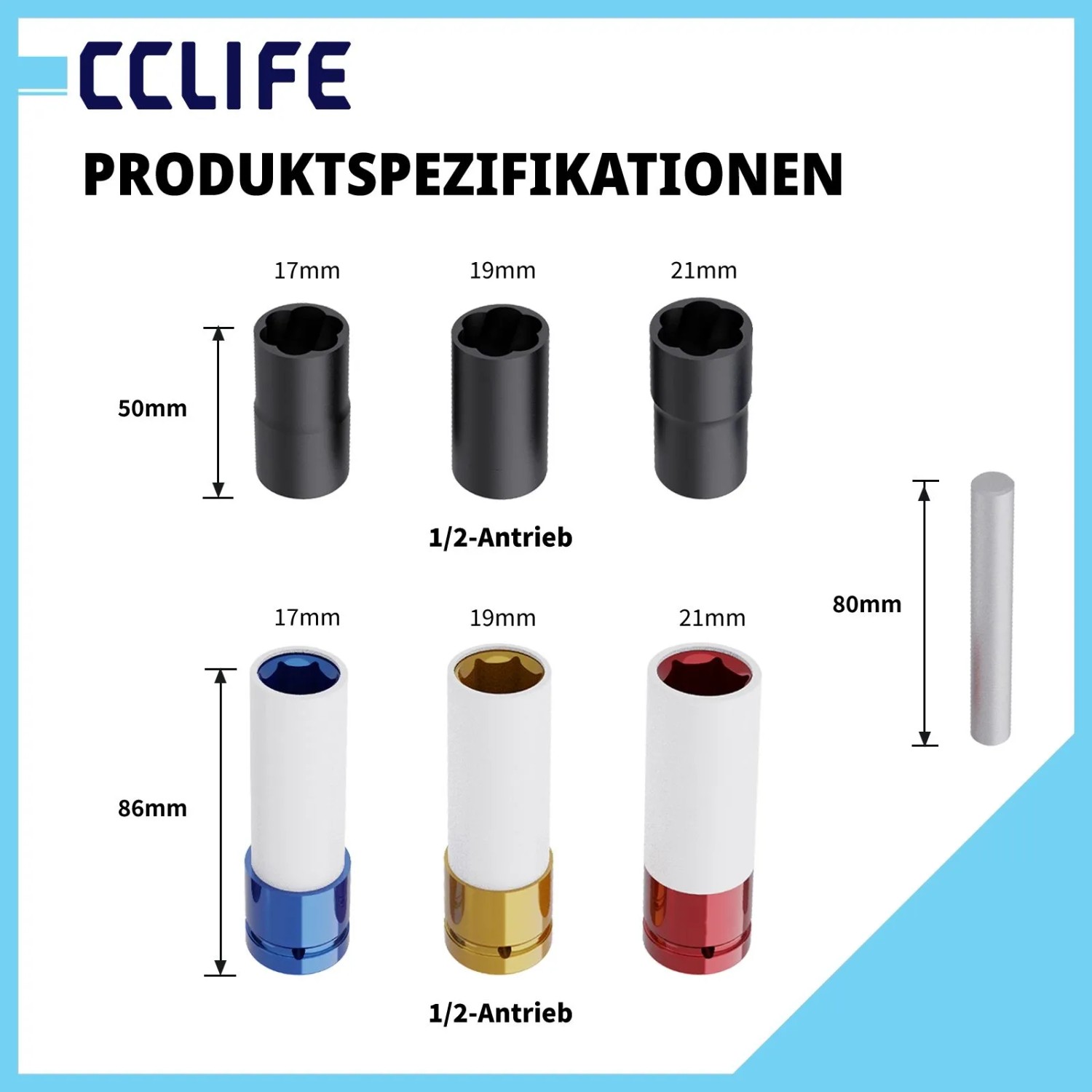 CCLIFE 7-tlg. 1/2 Zoll Schlagschrauber Nuss Set. Zeigt Twist- und Radmuttern-Nüsse (17, 19, 21mm) mit Ausstoßdorn.