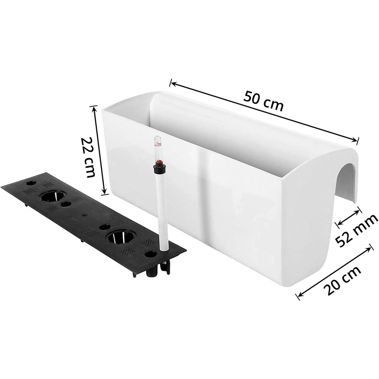 Weißer Vivanno Balkonkasten Classico 50 cm mit Bewässerungssystem und Wasserstandsanzeige.