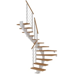 Dolle Mittelholmtreppe Hamburg, Eiche, 1/2 gewendelt, mit weißem Geländer und Holzhandlauf.