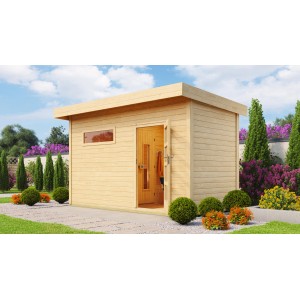 Weka Saunahaus Farsund mit Vorraum und Technikpaket BioS 9 kW in Naturholzoptik.