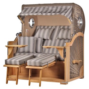 Komplettset: Grauer Strandkorb Königssee aus Teak mit Bullaugen, Fußstützen und Bistrotischen.