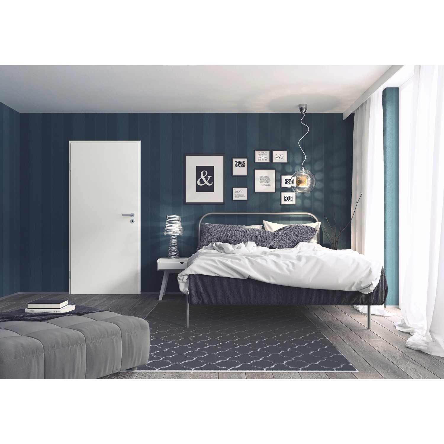 Weiße CPL Zimmertür (Anschlag links) im Schlafzimmer mit blau gestreifter Tapete.