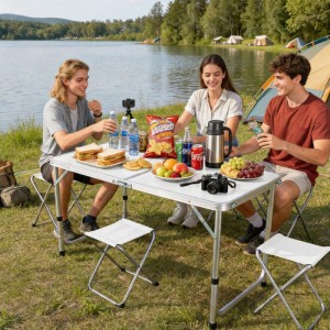 Relaxdays Campingtisch mit 4 Hockern Aluminium MDF Weiß Klappbar Höhenverstellbar 120 cm x 60 cm x 71 cm