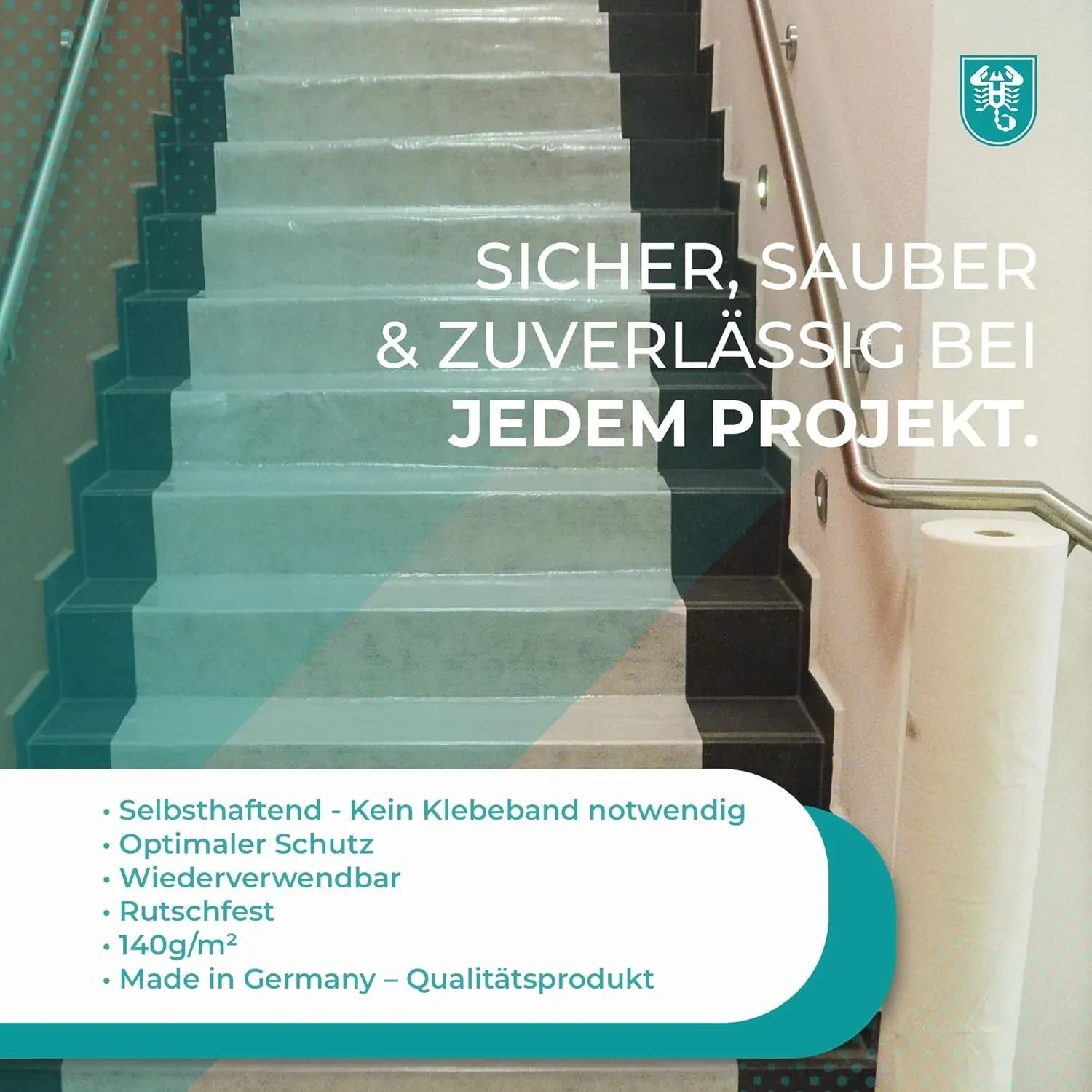 Selbsthaftendes Abdeckvlies schützt Treppe. Bodenschutzvlies Rolle im Hintergrund.