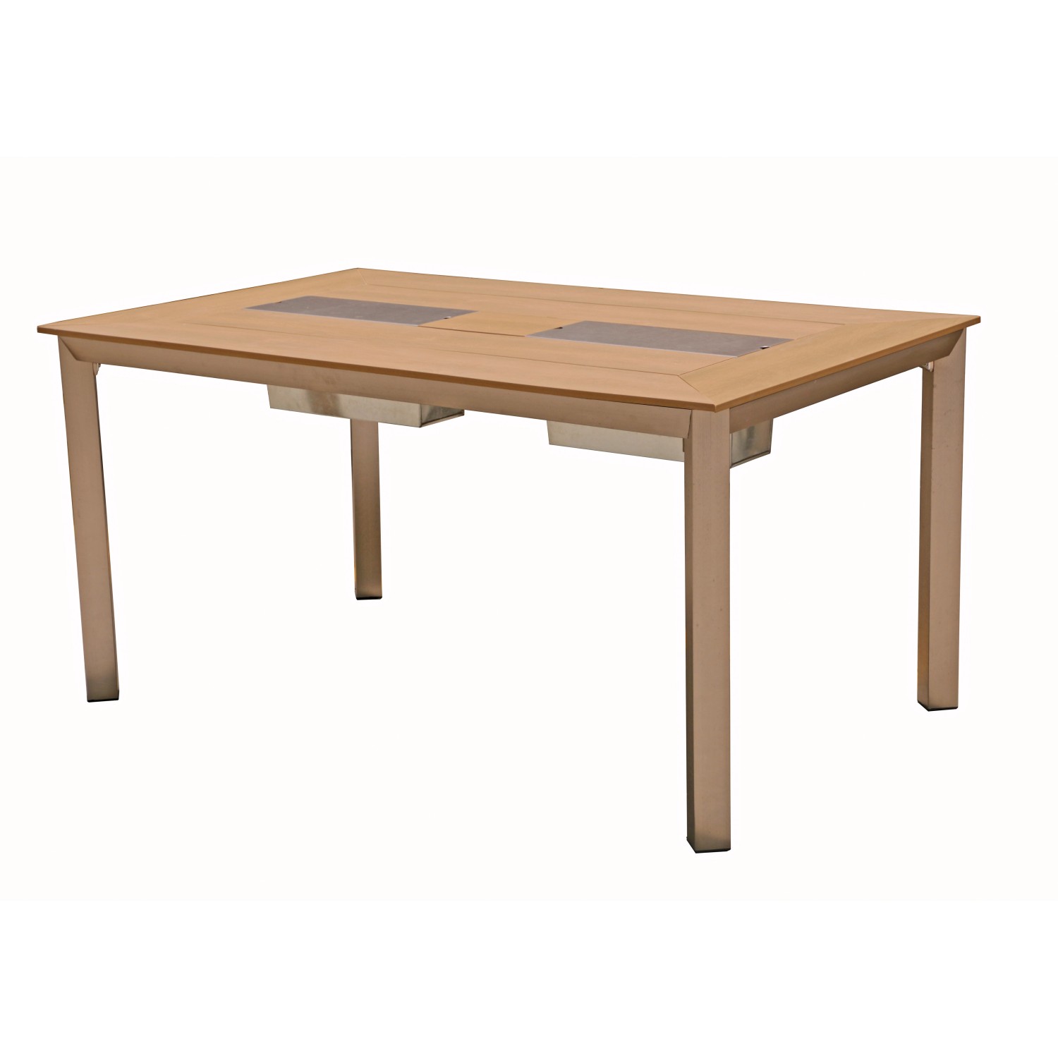 Gartentisch des 7-teiligen Gartenmöbel-Sets Florence in Champagner mit Eisfächern.