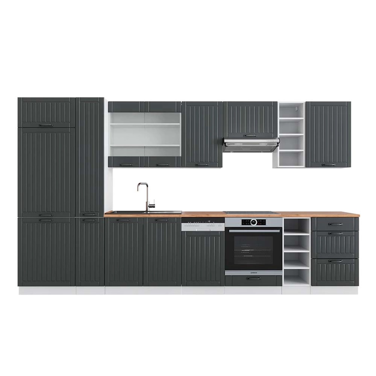 Vicco Fame-Line Küchenzeile Anthrazit Landhaus/Weiß 355 cm AP Eiche günstig online kaufen