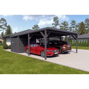 Holzbrüder Doppelcarport Ralf mit Geräteraum, anthrazit, mit zwei parkenden Autos.