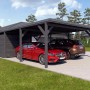 Holzbrüder Doppelcarport Ralf mit Geräteraum, anthrazit, mit zwei parkenden Autos.