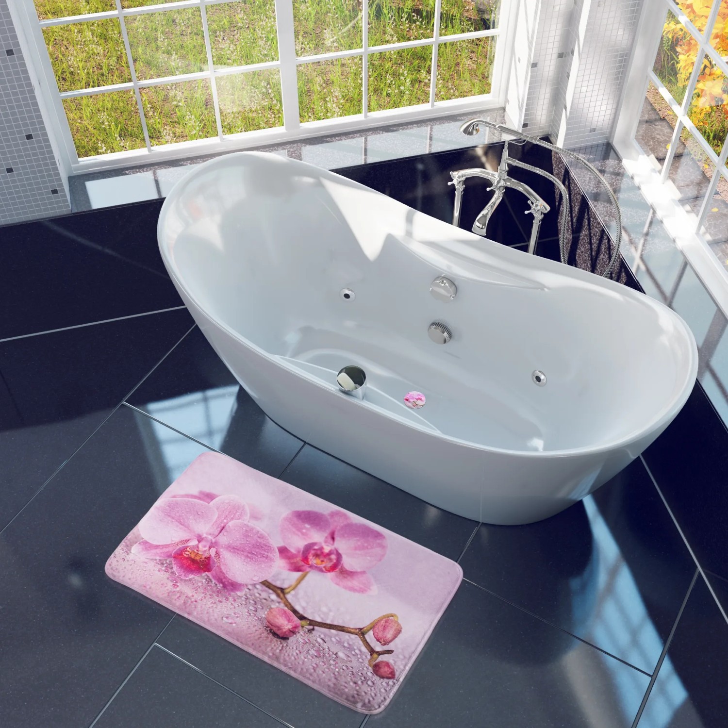Sanilo Badteppich Blooming (50x80 cm) mit Orchideen-Motiv vor Badewanne.
