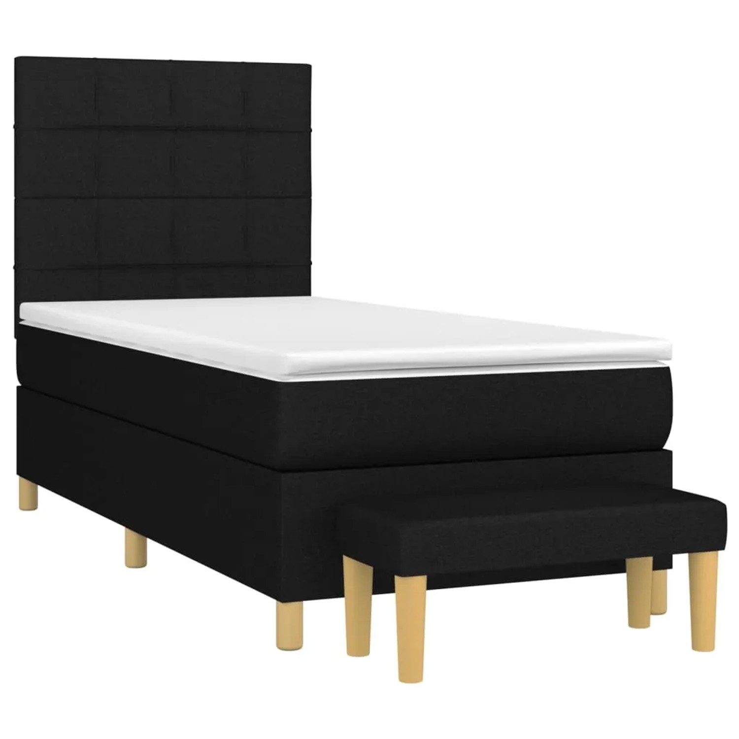 Schwarzes vidaXL Boxspringbett (90x190 cm) mit Matratze und Bank.