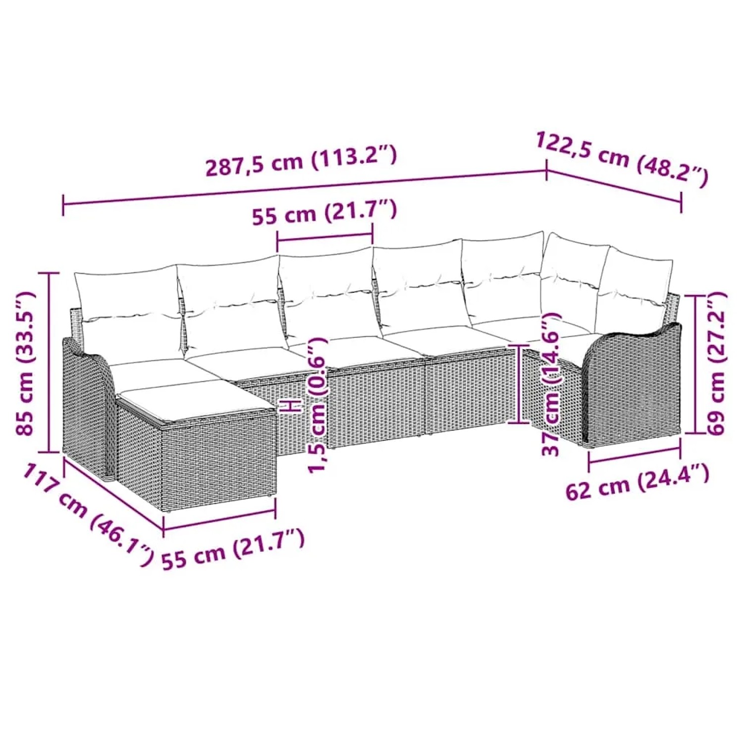 Graues 7-teiliges Garten-Sofa-Set aus Poly Rattan mit Kissen und Maßangaben.