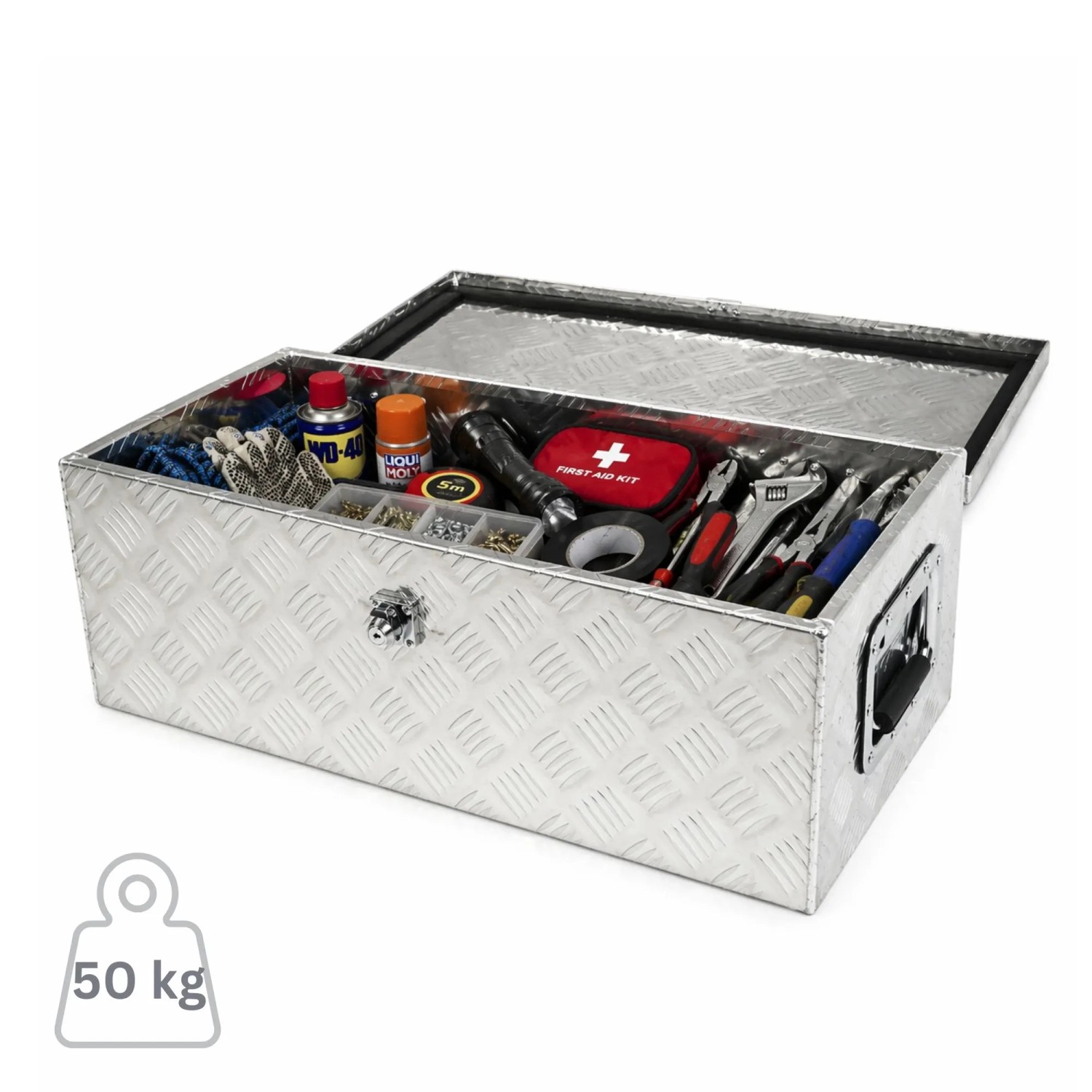Offene PROREGAL Deichselbox aus Aluminium mit Werkzeug und Zubehör gefüllt.