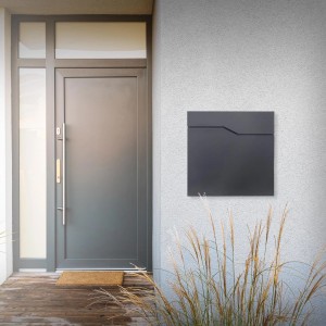 Moderner, anthrazitfarbener ML-Design Briefkasten aus Edelstahl mit Zeitungsfach an Hauswand.