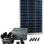 Ubbink Solarmax 1000 Springbrunnenpumpe mit Solarpaneel, Batterie und Düsen für den Gartenteich.