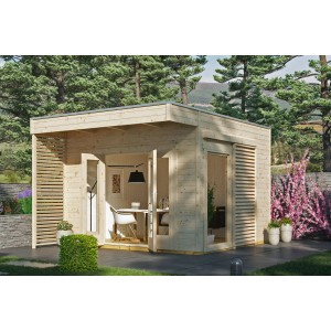 Skan Holz Gartenhaus Tokio, 340x340 cm, naturbelassen. Holzhaus mit Flachdach und offenem Eingangsbereich.