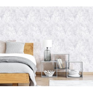 Helles Schlafzimmer mit Erismann Vliestapete Guido Maria Kretschmer Botanik Hellgrau.