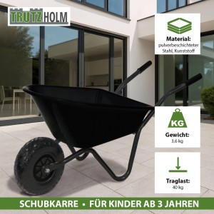 Schwarze TRUTZHOLM Kinderschubkarre mit Vollgummireifen, Traglast 40kg, für Spiel & Spaß im Garten.