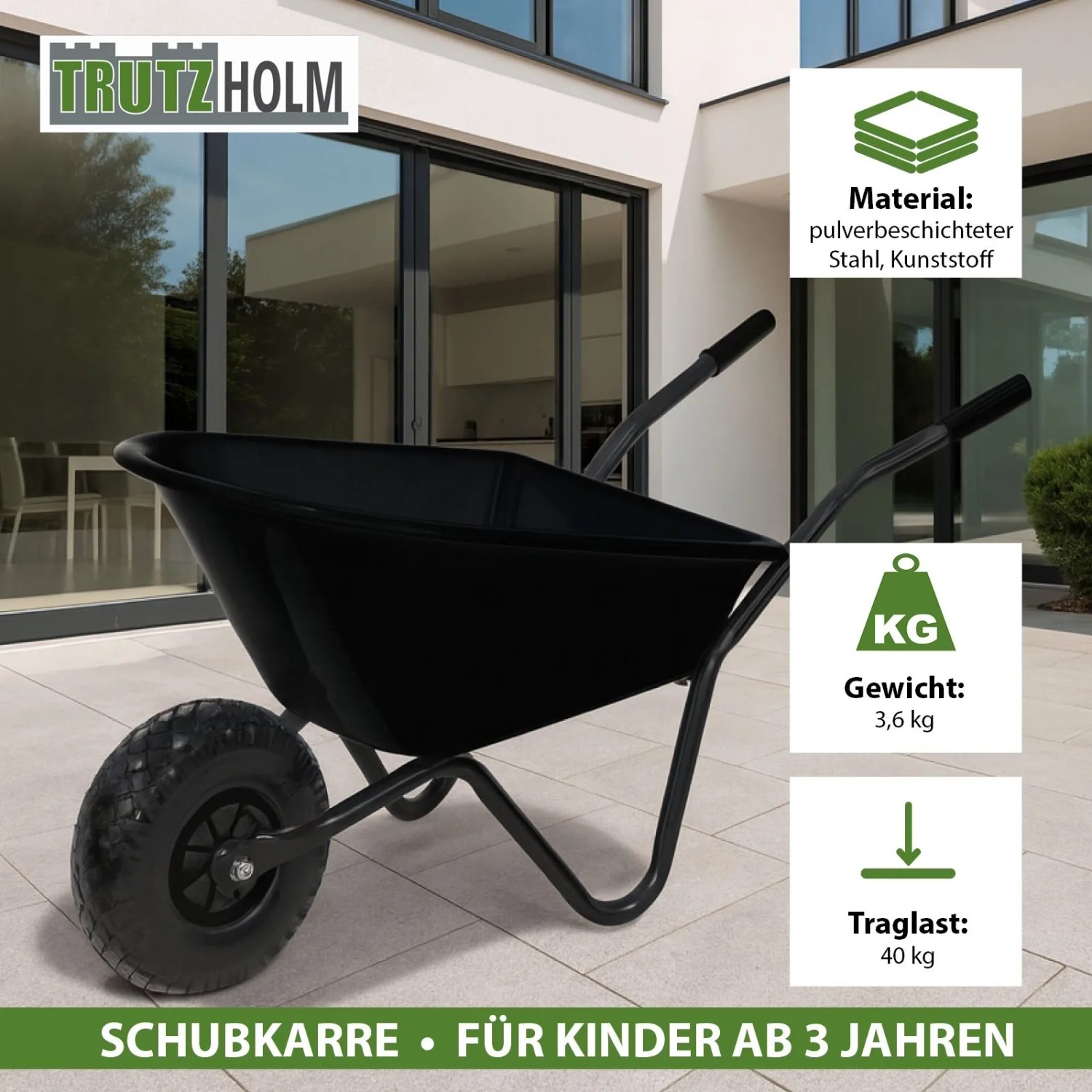 Schwarze TRUTZHOLM Kinderschubkarre mit Vollgummireifen, Traglast 40kg, für Spiel & Spaß im Garten.