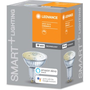Ledvance Smart+ WiFi LED-Reflektorlampe PAR16 GU10, dimmbar, Warmweiß. Verpackung und Leuchtmittel.