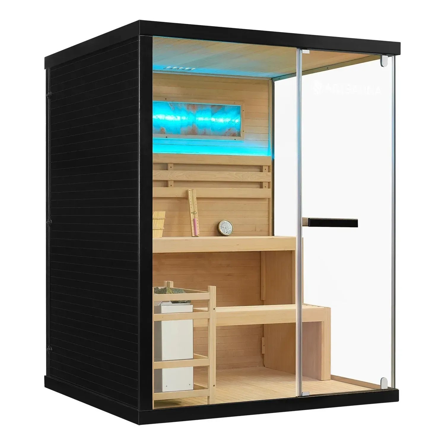 Artsauna Vantaa Sauna, 150x140cm, mit 4,5 kW Ofen. Massivholzsauna mit Glasfront und Ambientebeleuchtung.